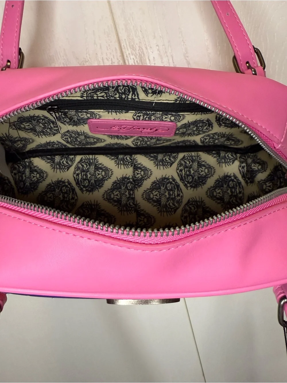Ed Hardy Pink Purple Multi Colored Floral Skull Bowler Shoulder Bag NWT